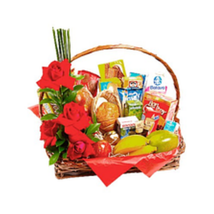 Pães, frutas, cafés, suco, biscoitos doces e salgados, bebidas lacteas, bombons e muito mais