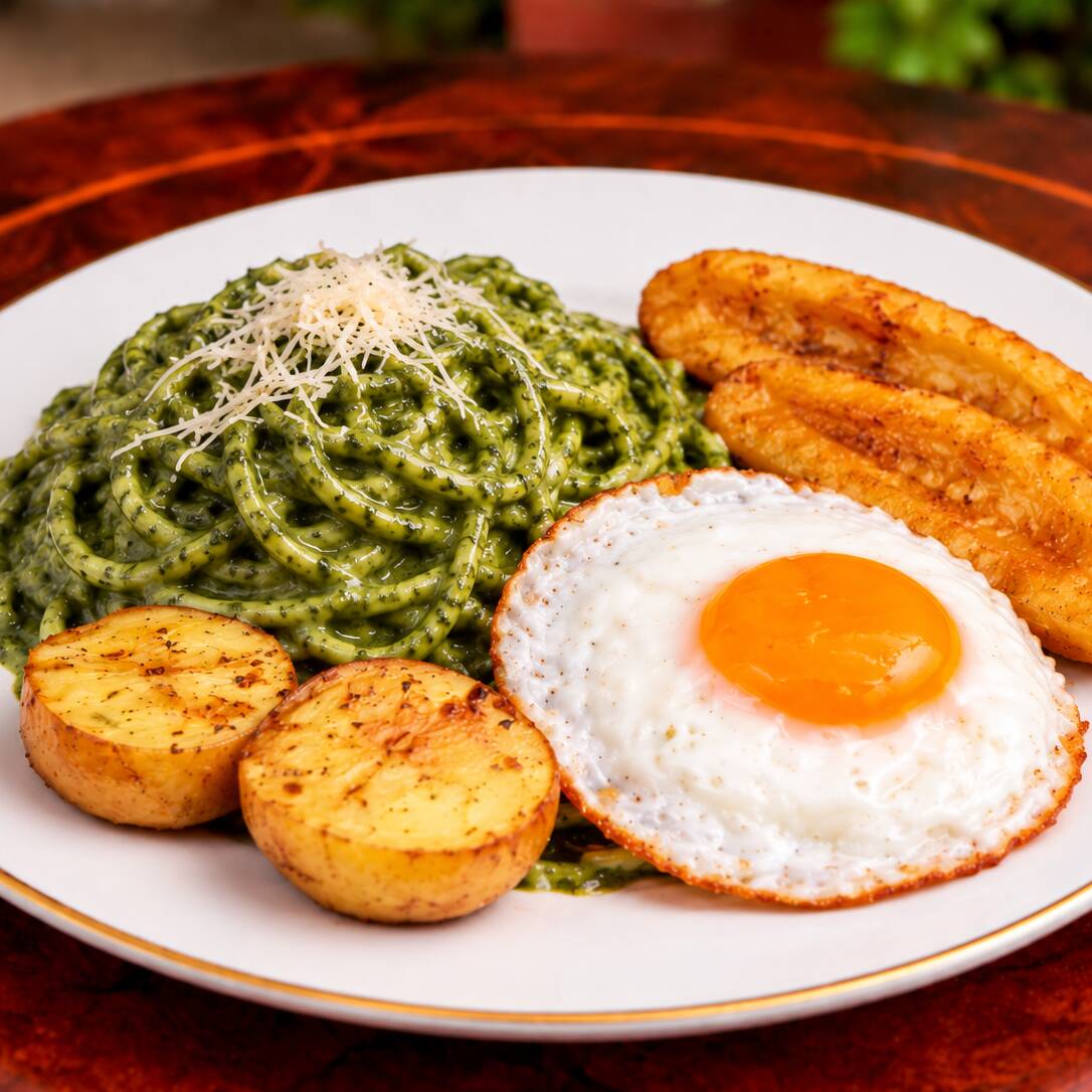 Tallarines Verdes Cremosos con Huevo y Plátano