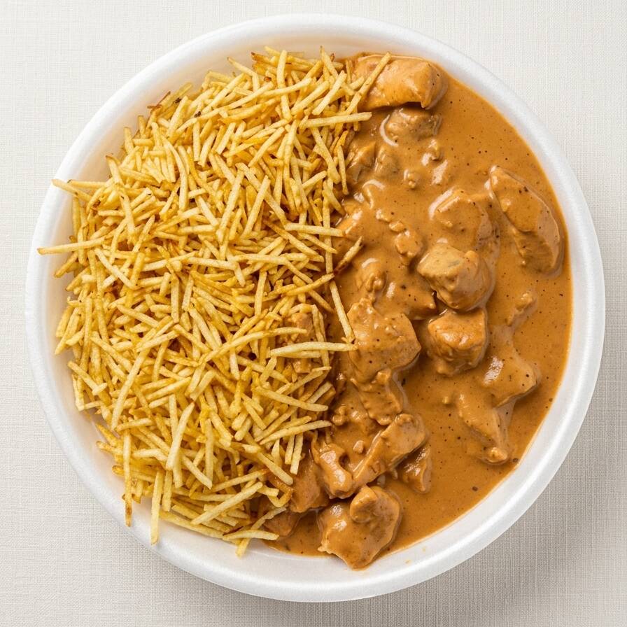 Delicioso Strogonoff de frango saboroso Recheado, arroz soltinho e batata palha