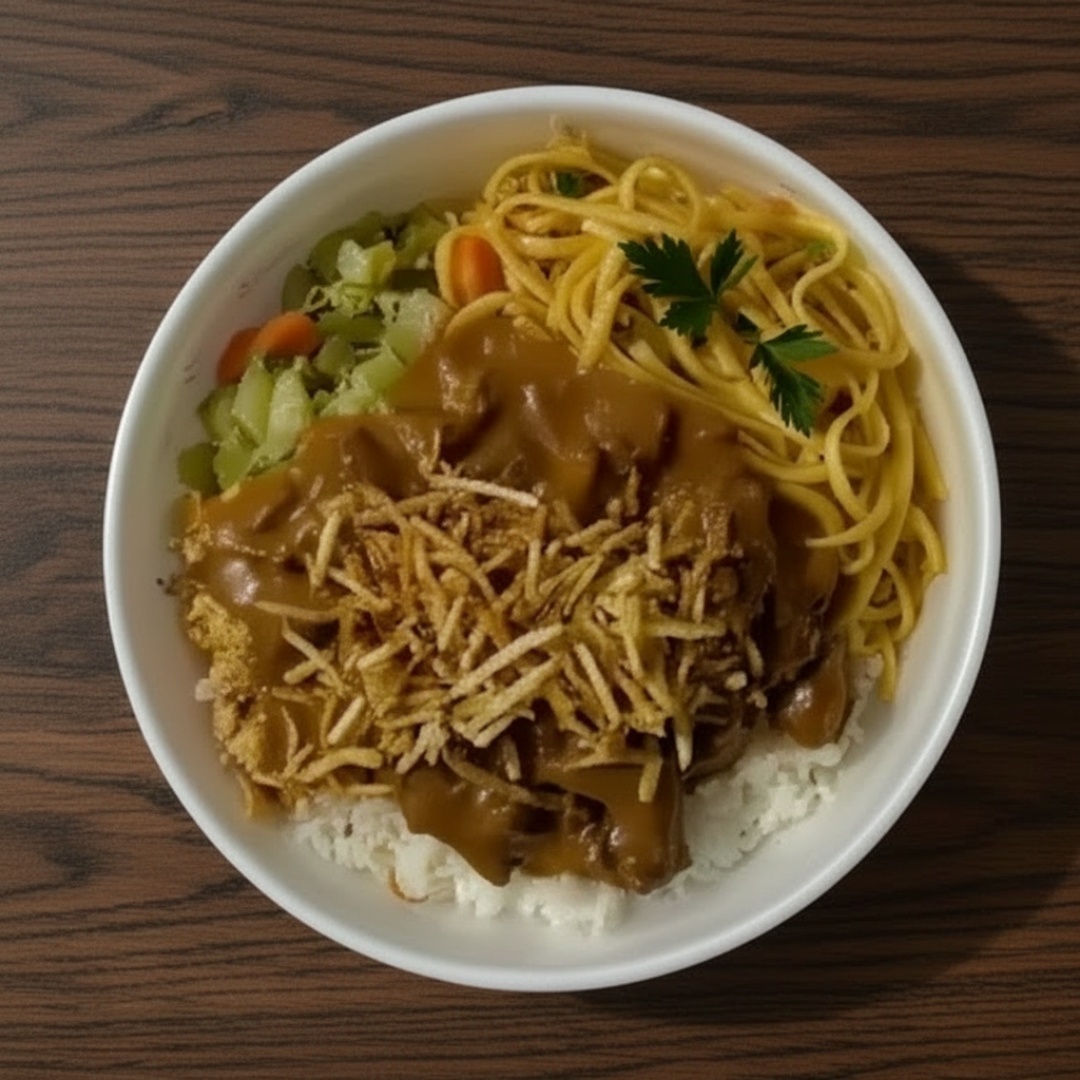 Arroz branco, feijão, massa alho e oleo, farofa, legumes e Strogonoff de carne c/batata palha.