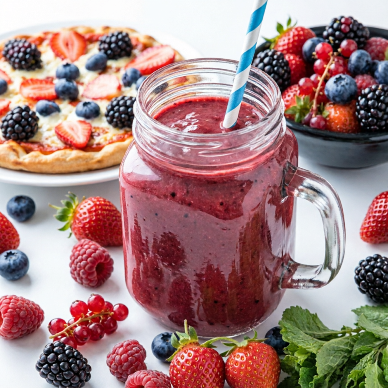 batido com morango, amora e mertilhos ao leite