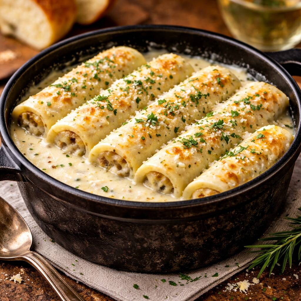 Massa artesanal recheada com vitelo braseado lentamente, ervas finas e vinho branco. Envolvida em um aveludado molho de queijos e finalizada no forno a lenha.