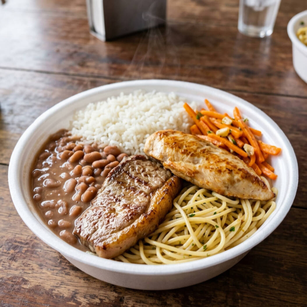 Marmita Tradicional com 2 opções de Carne! Acompanha arroz soltinho, feijão cremoso, brócolis ao alho e óleo e farofa de bacon.