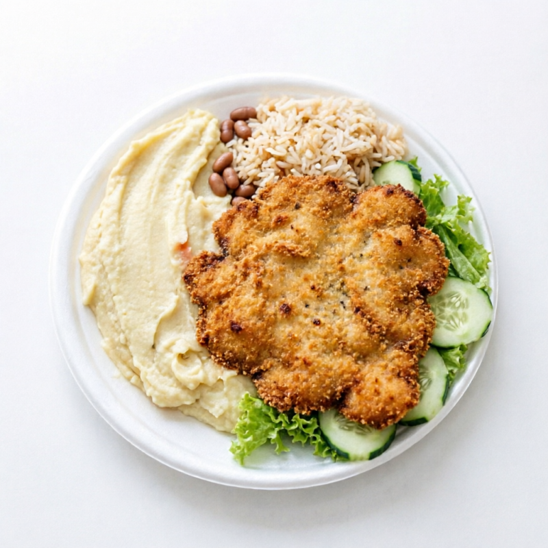 Delicie-se com nosso irresistível Frango à Parmegiana acompanhado de purê crocantes, arroz soltinho, feijão saboroso e uma deliciosa salada de alface e pepino. Uma combinação perfeita de sabores que vai encantar o seu paladar!