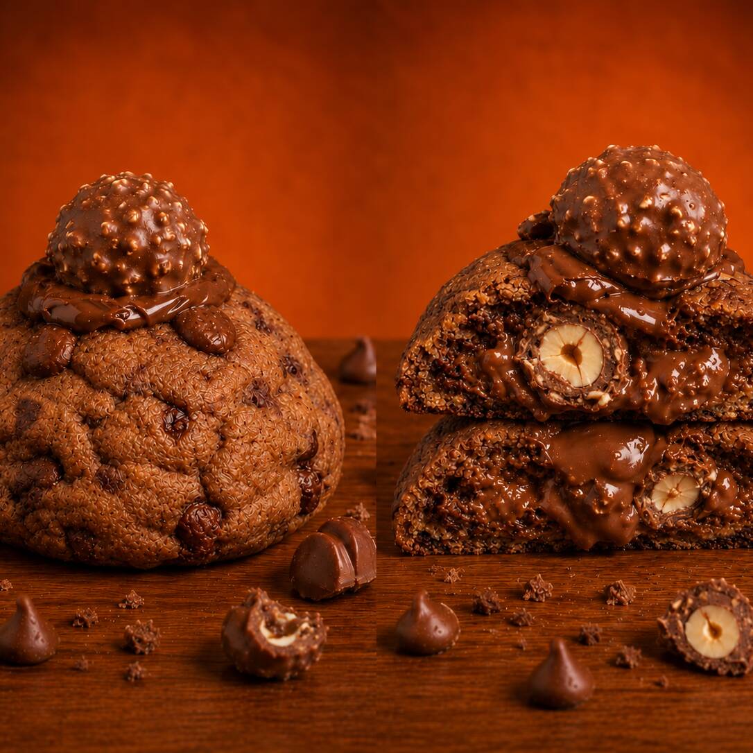 Massa chocolate super macia com gotas de chocolate ao leite nobre . Recheio de ferrero e Nutella