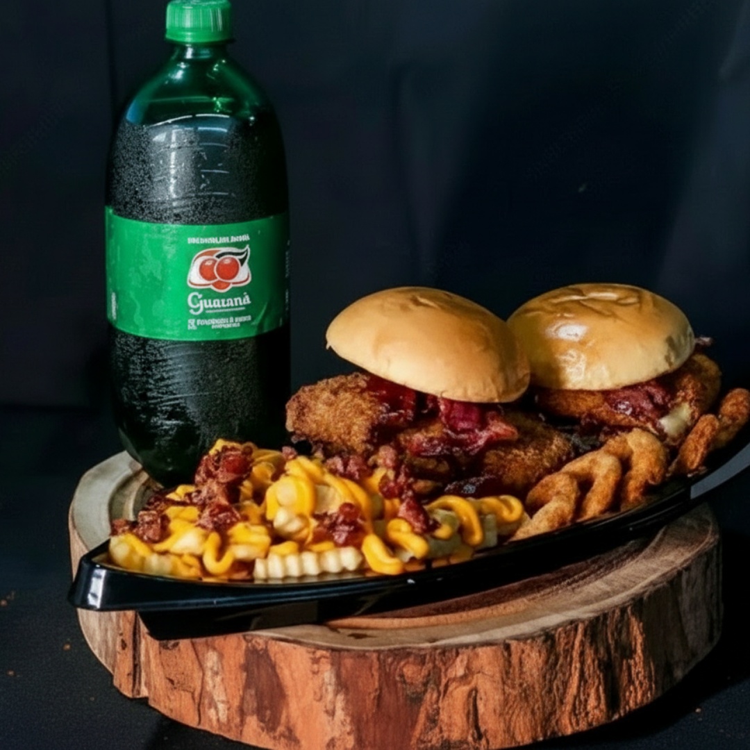 Acompanha 2 lanches 02, batata turbinada e refri de 1l