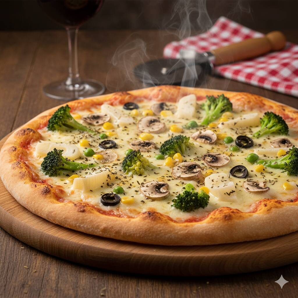 BROCOLIS COZIDO / CHAMPIGNON FATIADO / PALMITO PUPUNHA / MUSSARELA / CREAM CHESSE / PROVOLONE / AZEITONA E ORÉGANO.