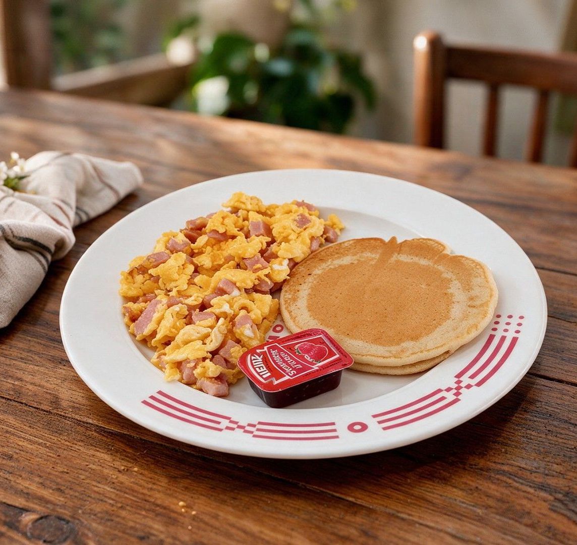 Huevo revuelto con hot cake