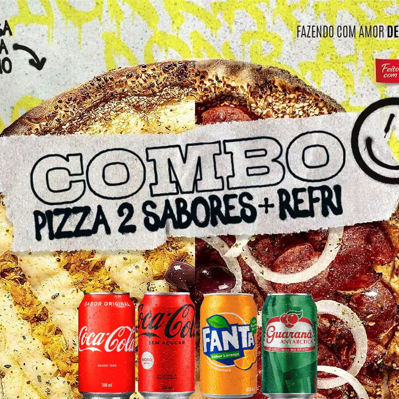 Pizza Média 2 Sabores podendo escolher até 4 Sabores e seu Refri Lata
