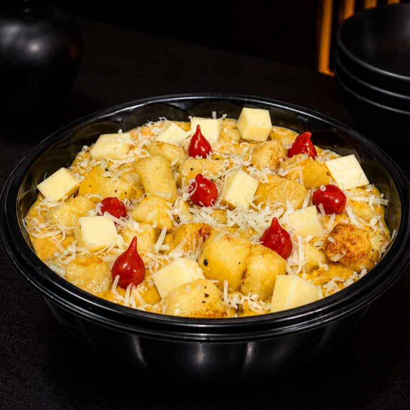 Nhoque artesanal de limão siciliano, levemente selado na manteiga, envolvido em um creme aveludado de abóbora cabotiá e combinado com carne serenada desfiada, preparada lentamente com temperos especiais da casa. Finalizado com queijo coalho dourado e pimenta biquinho, criando uma combinação sofisticada entre cremosidade, sabor marcante e um delicado toque cítrico.
