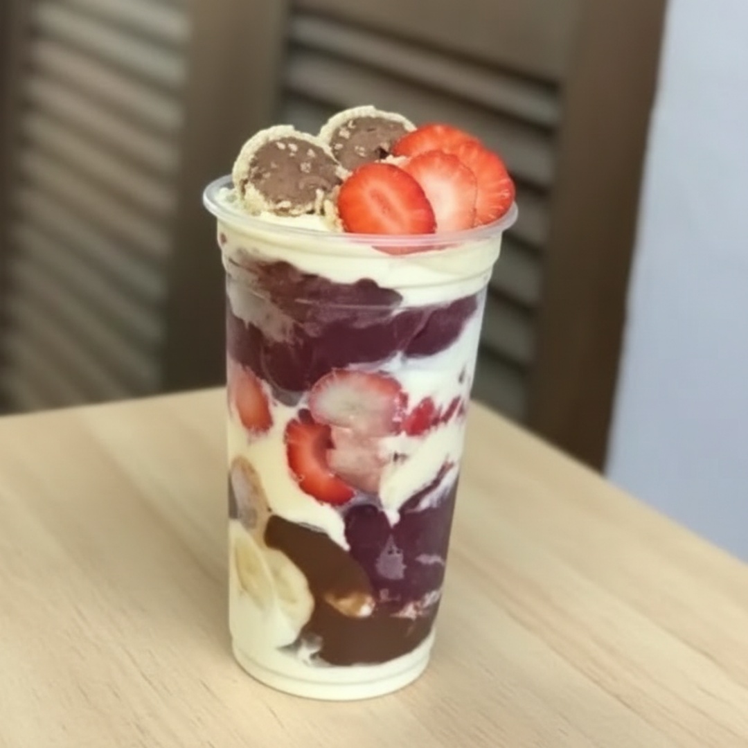 Delicioso creme de açaí com leite em pó, leite cond, creme de morango, banana kiwi e bombom
