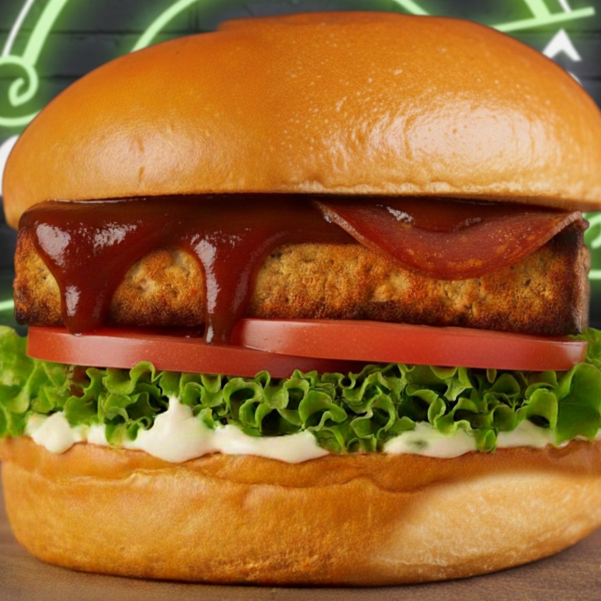 Lanche no pão brioche com maionese da casa, alface, tomate, tofu grelhado, molho barbecue e tender defumado. (Imagem ilustrativa) Alergênicos: Contém Aveia, Derivados De Trigo E Soja. Pode conter Castanha De Caju. Contém Glúten.