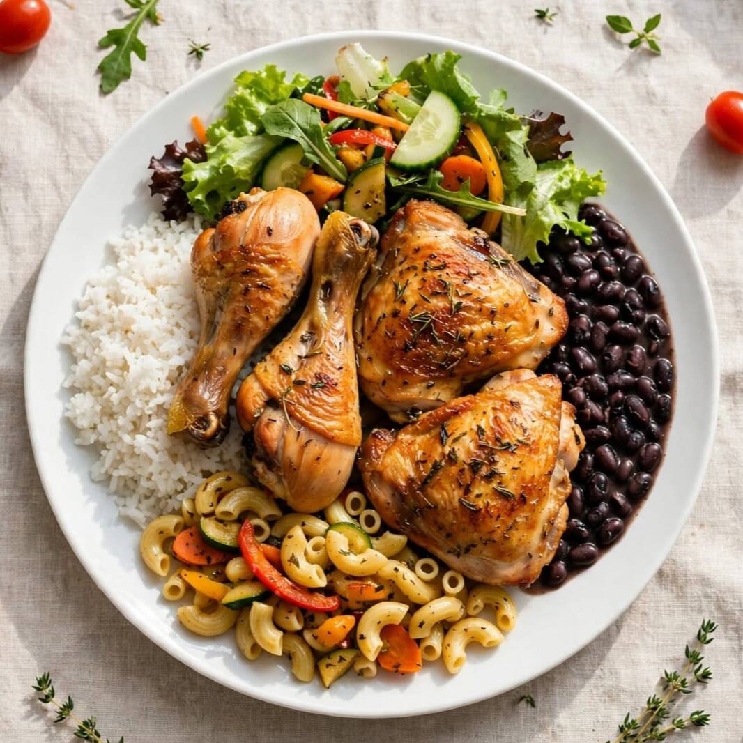 coxa e sobrecoxa assada acompanhada com arroz fresquinho, feijão bem temperado, macarrão temperado, farofa crocante , legumes refogado e batata frita crocante
vai resistir?