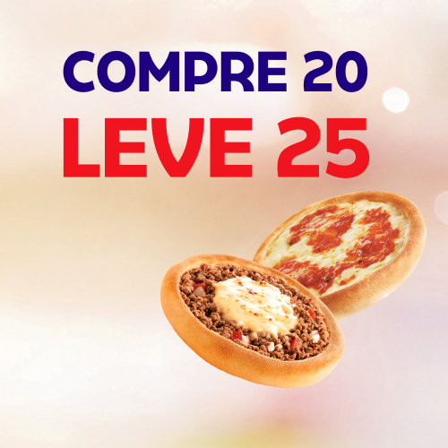Aproveite a promoção para levar as Esfihas mais especiais do Brasil: Carne, Calabresa com Mussarela, Frango, Carne com Mussarela, Frango com Cremely, Italianinha ou Queijo. Compre 20, leve 25.