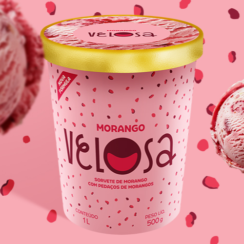 Sorvete de morango com pedaços selecionados da fruta dando um toque de frescor ao sabor.