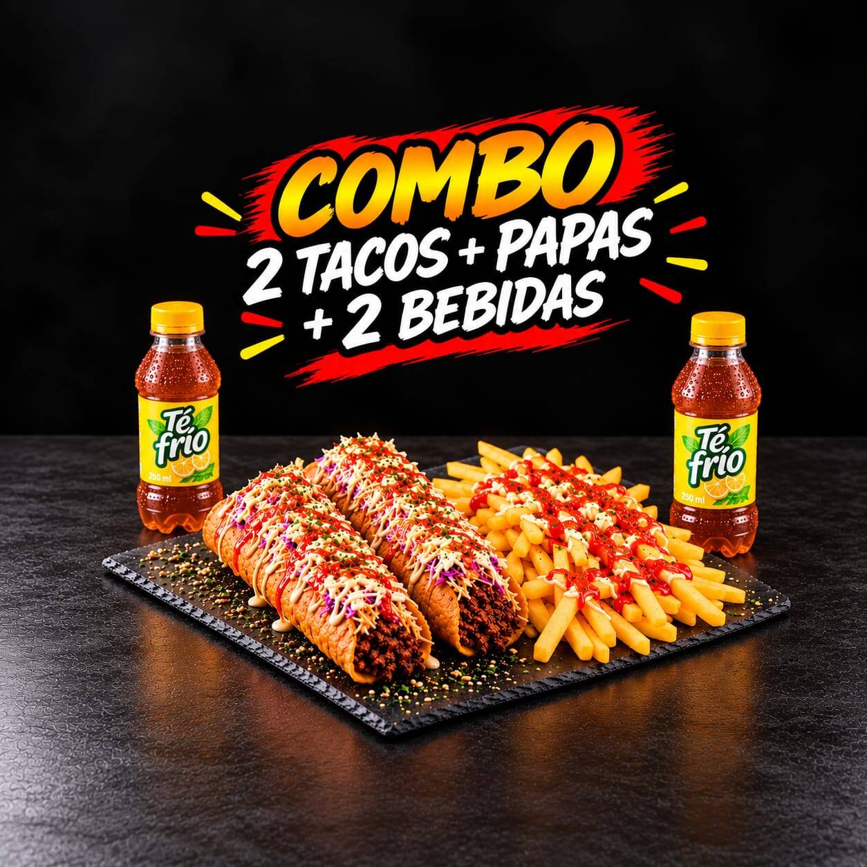 Combo DE 2 Tacos + Papas Fritas + 2 BEBIDAS