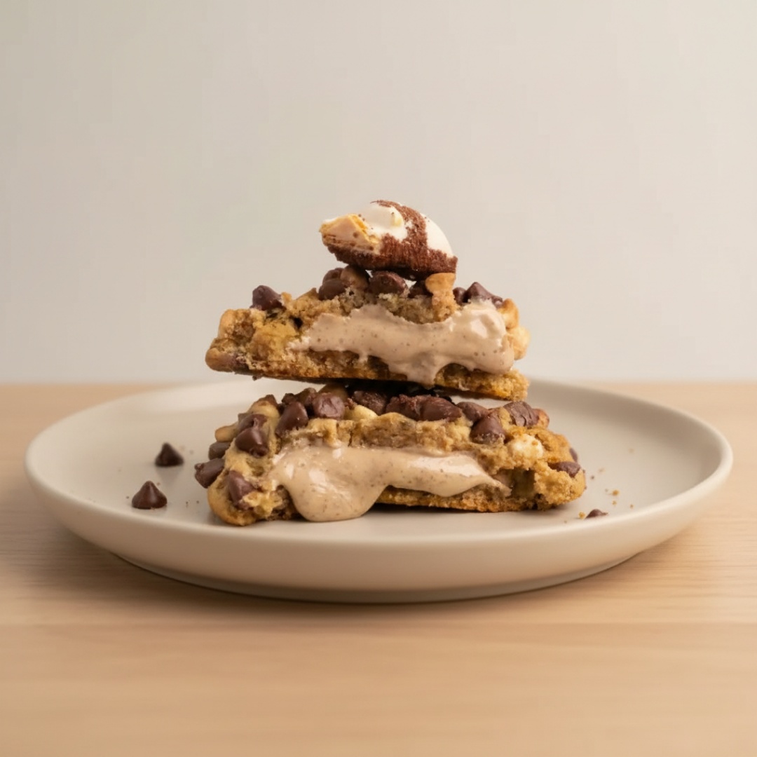 Nosso cookie de massa tradicional com gotas de chocolate branco e chocolate preto, recheado com um delicioso creme de Kinder Bueno white e finalizado com um Kinder bueno encima.