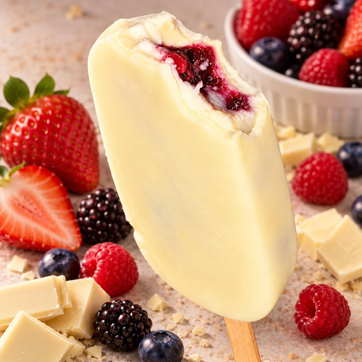 Picolé Trufado de Frutas Vermelhas, recheado com geleia de frutas vermelhas e coberto com uma casquinha de chocolate branco. Uma combinação deliciosa entre o sabor das frutas vermelhas e a suavidade do chocolate branco.