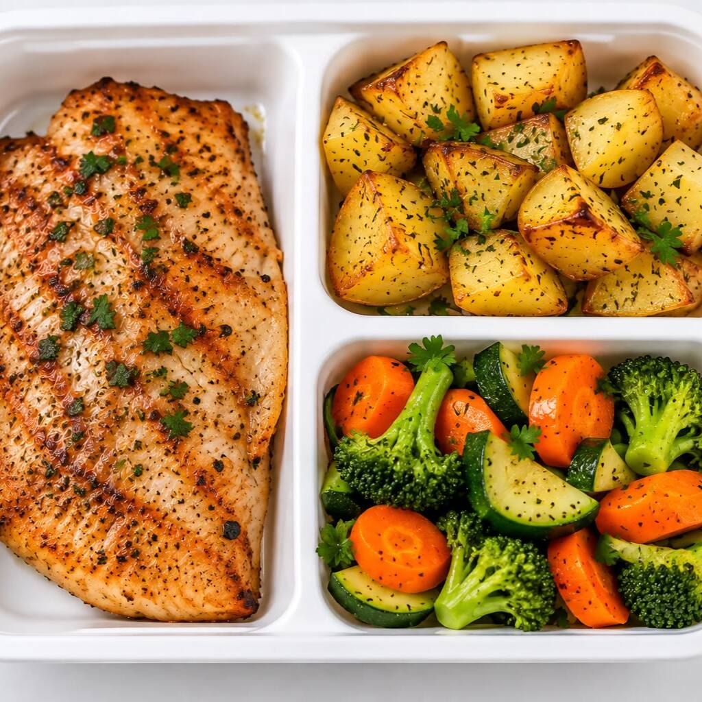 Deliciosa tilápia grelhada 130g, 100 g de batata inglesa assada, 150 g de legumes e 5 g de azeite. Uma refeição leve, nutritiva e rica em proteína, perfeita para quem busca praticidade sem abrir mão do sabor. ≈ 370 kcal | ≈ 39 g de proteína.