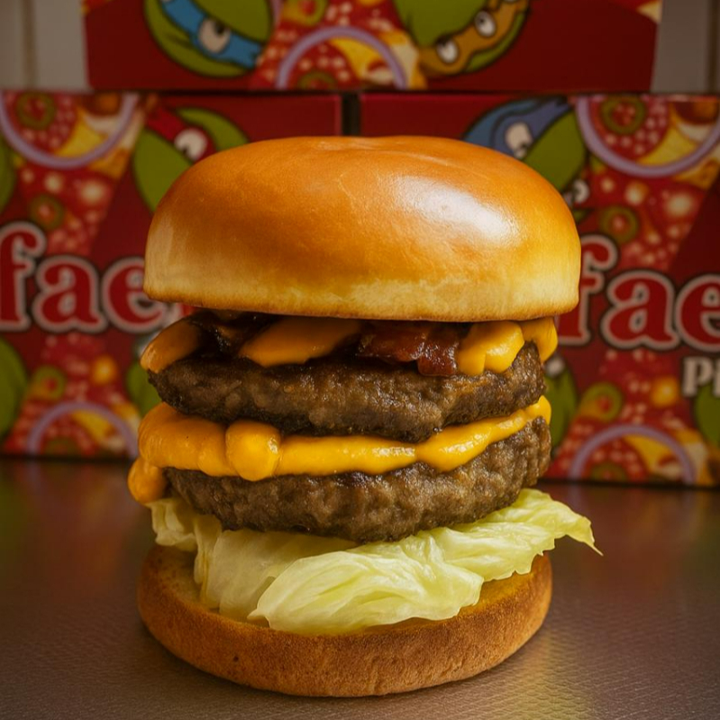 PAO DE BRIOCHE, 2 HAMBURGUERES DE COSTELA, CHEDDAR, BACON, MOLHO BARBECUE , ALFACE, TOMATE E MAIONESE VERDE