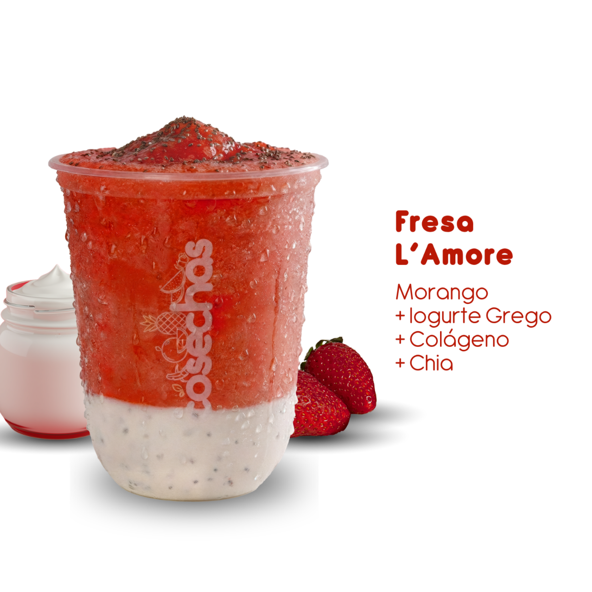 A combinação de morango com iogurte grego, colágeno e chia resulta em uma bebida cremosa e equilibrada, com textura agradável e ingredientes selecionados.