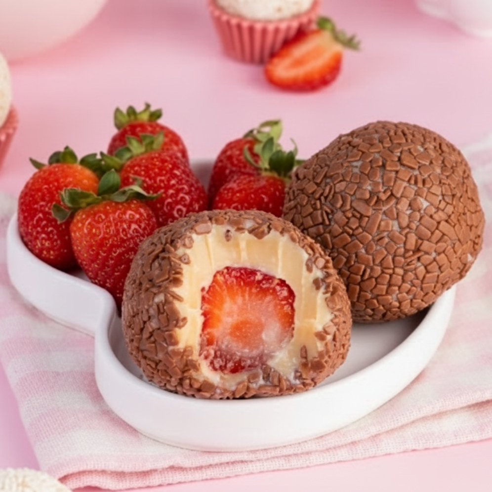 Brigadeiro de ninho, com morango selecionado, envolto no granulado belga Callebaut. Peso médio: 90g.