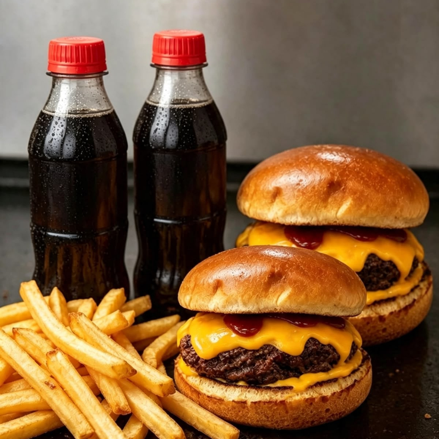 Pão Brioche, 130g Hamburguer Artesanal, Queijo, Molho da Casa + Batata Frita + Refrigerante 200ml.