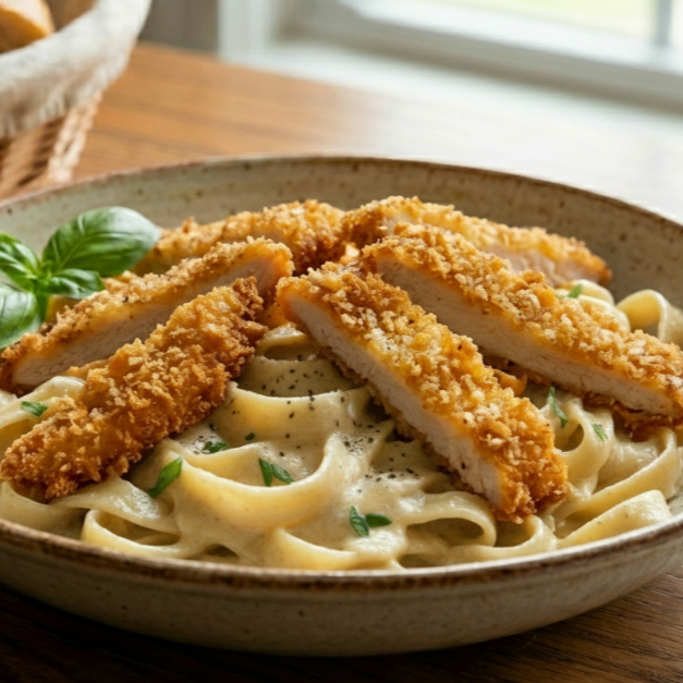 FETUCCINI ALFREDO CON TIRAS DE POLLO
