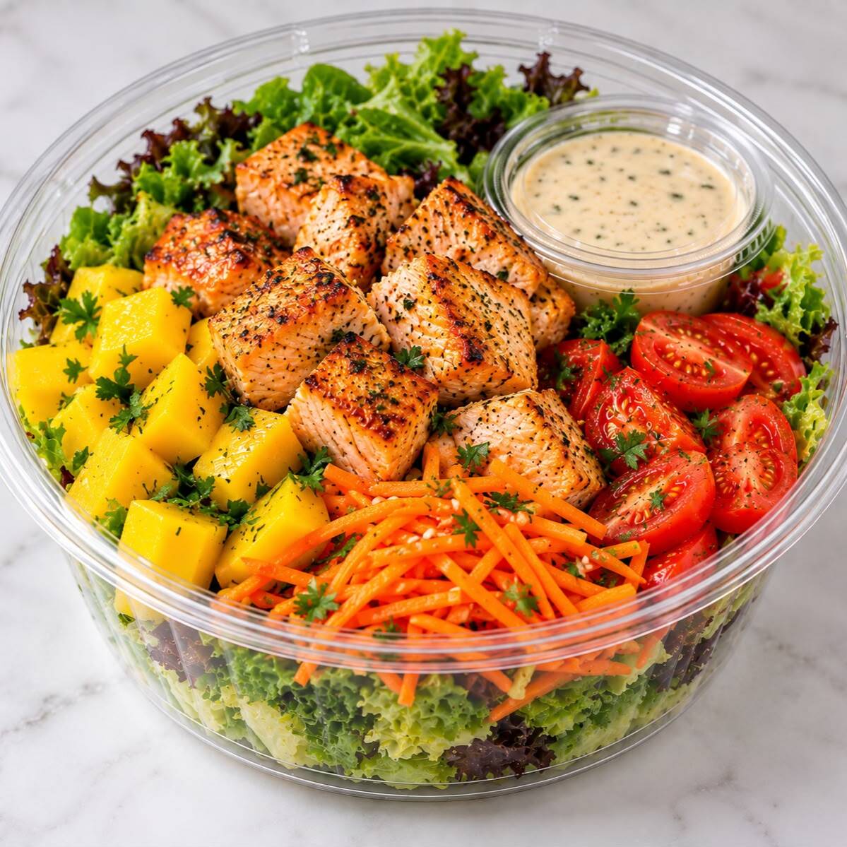 120 g de salmão grelhado, 50 g de folhas, 50 g de tomate cereja, 50 g de cenoura, 50 g de manga e 30 g de molho da casa. Uma salada completa e saborosa, combinando o sabor do salmão com vegetais frescos. ≈ 400 kcal | ≈ 29 g de proteína.