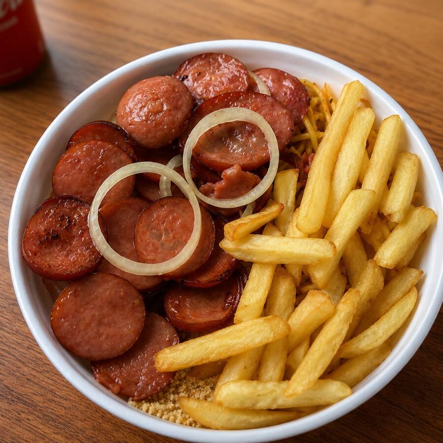 Calabresa Acebolada, você monta sua marmita escolhendo 4 guarnições: batata frita, arroz, feijão, macarrão, farofa ou salada de legumes. Marmitex caprichada, comida brasileira caseira de verdade, feita na hora pra matar sua fome. PF completo perfeito pro seu almoço bom e barato com entrega grátis!
