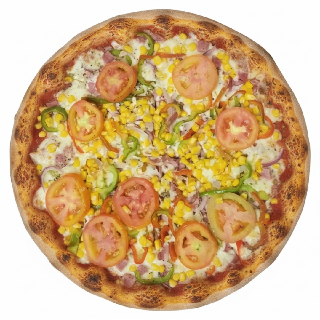 Mussarela, presunto, calabresa, tomate, pimentão, cebola e milho