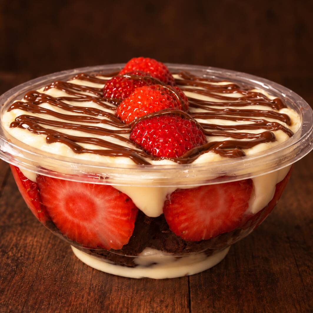 Camadas de brigadeiro de Ninho, brownie, chantilly de Ninho, morangos frescos e fios de Nutella. (Aprox. 220 g.) 🍓🤎