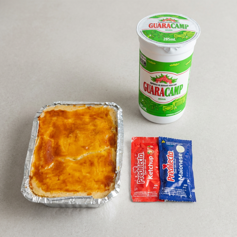 Saboroso empadão feito com massa leve e amanteigada com um recheio cremoso de frango e requeijão. Atenção: Não tem opção de alteração do formato do recheio do empadão, acompanha 01 Guaracamp ou Guaravita. Sugestão de consumo para 01 pessoa - vasilha de 220g. refeição empadão frango queijo lanche salgado saboroso amanteigado