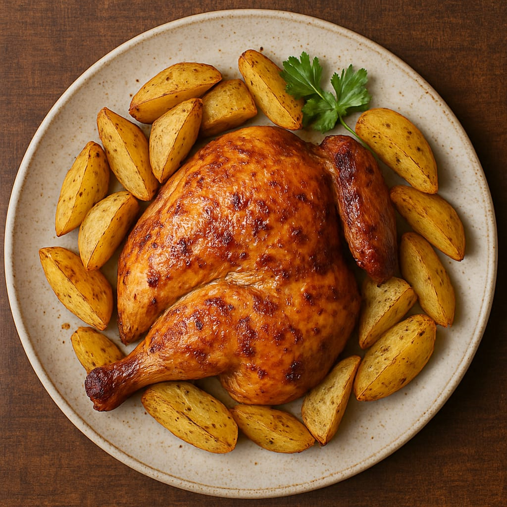 Meio frango assado, ideal para vc que quer comer um frango assado sozinho! Frango no ponto perfeito, acompanhado de batatas douradinhas e farofinha crocante. Uma combinação irresistível para deixar sua refeição completa! 6 unidades de batata + pote de farofa média de 30g.