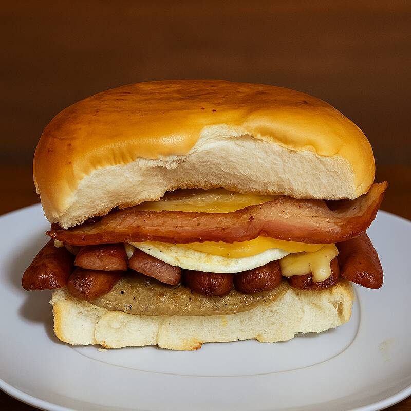 Um verdadeiro banquete no pão: hambúrguer suculento, ovo no ponto perfeito, queijo derretido, bacon crocante e linguiça bem temperada. Uma combinação generosa e irresistível que entrega sabor em cada mordida e se destaca como o carro-chefe do cardápio.