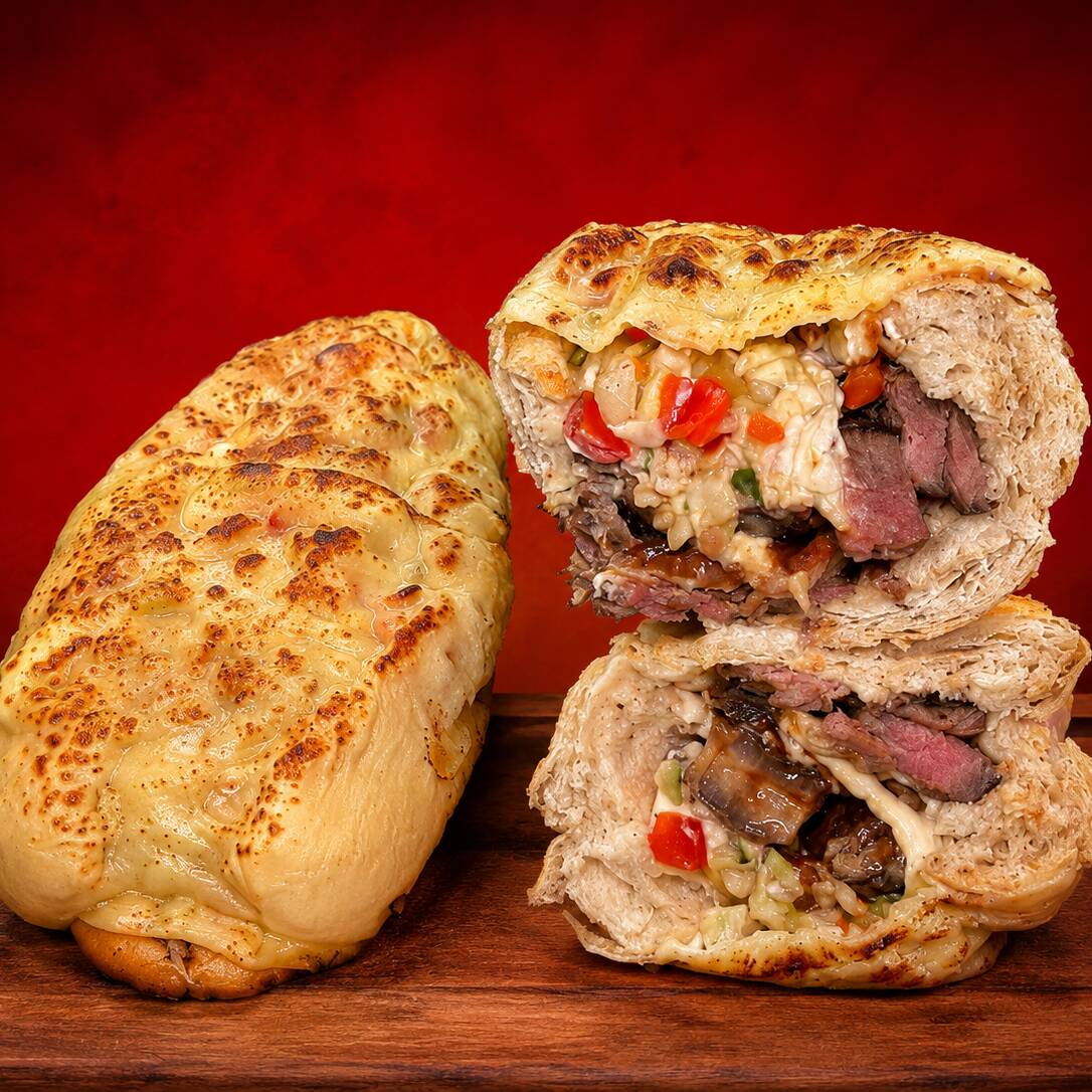 Baguete de 15 a 20cm coberta com queijo parmesâo, 140g de contra filé, Queijo derretido, Pasta de alho Vinagrete, Maionese especial.