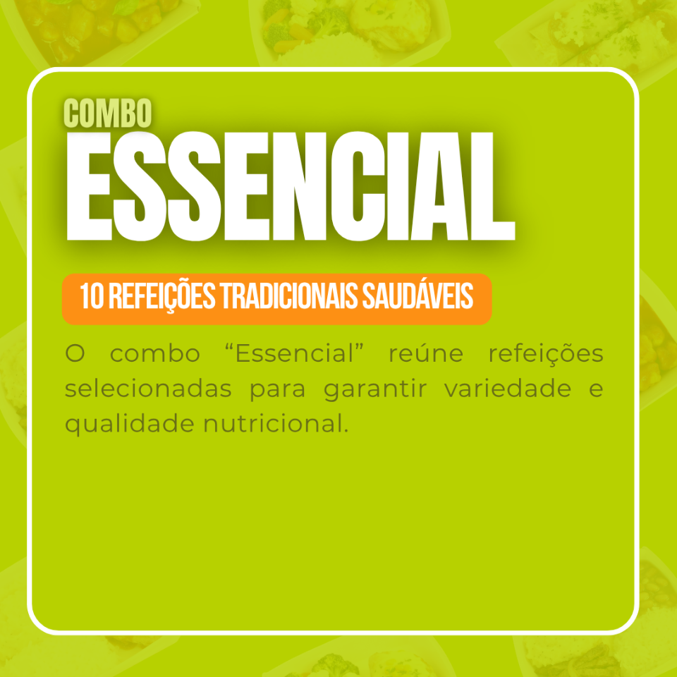 O combo Essencial é indicado para quem busca refeições completas e balanceadas no Dia a Dia, com opções leves e nutritivas. Contém 10 refeições. Todos os produtos do nosso cardápio são ultracongelados, práticos, sem glúten, sem lactose, com sobremesas sem açúcar e prontos para serem aquecidos no micro-ondas, airfryer ou forno convencional, garantindo saúde e sabor na sua rotina. Itens inclusos: · Chicken Lowcarb – 1 unidade (243 Calorias, 48g de Proteínas, 300g). · Nhoque Lowcarb – 2 unidades (190 Calorias, 18g de Proteínas, 300g). · Panqueca LowCarbo Frango – 2 unidades (278 Calorias, 48g de Proteínas, 300g). · Sobrecoxa Fit – 2 unidades (392 Calorias, 62g de Proteínas, 400g). · Parmegiana Light – 2 unidades (416 Calorias, 66g de Proteínas, 400g). · Mr. Alcatra – 1 unidade (396 Calorias, 66g de Proteínas, 400g).