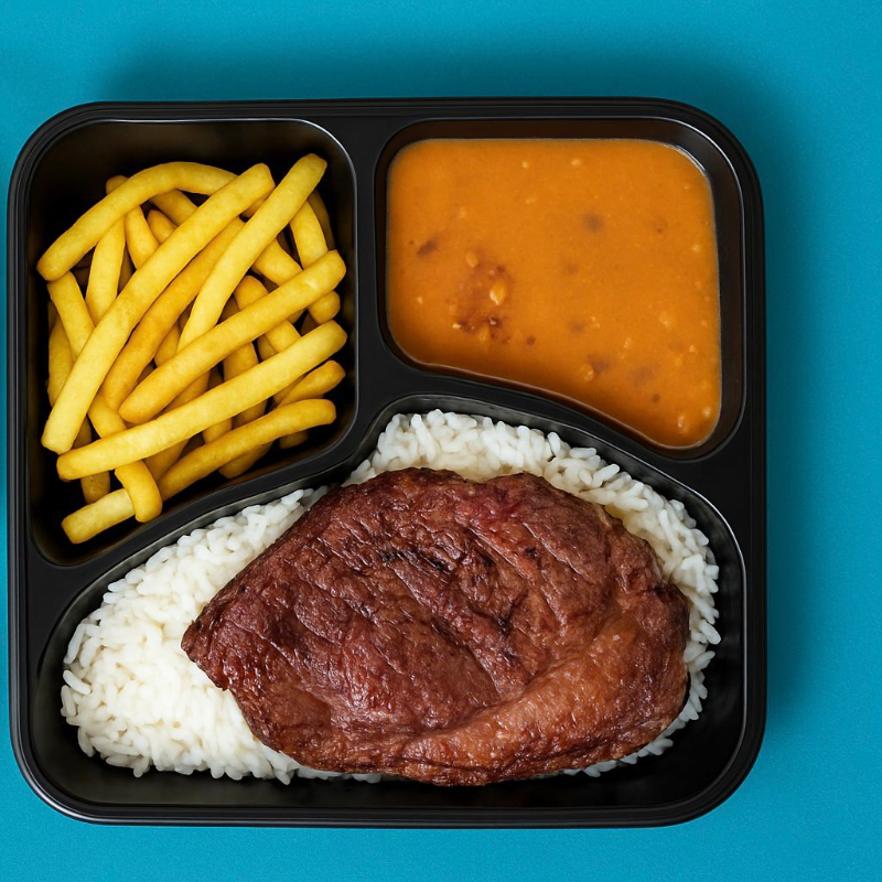 Arroz, Farofa, Vinagrete, Fritas, + 200 Gramas de Contra Filé