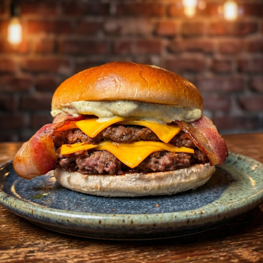 Hambúrger preparado com pão top brioche, 02 carnes de hamburgueres artesanais smash de 90g, fatias de queijo cheddar, bacon fatiado e maionese da casa.