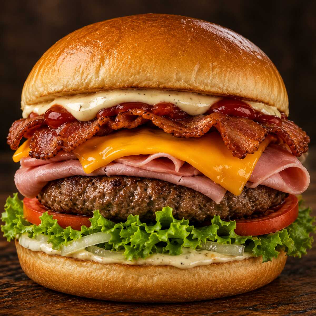 Pão, carne, queijo, presunto, salada, bacon, cheddar, maionese temperada e ketchup