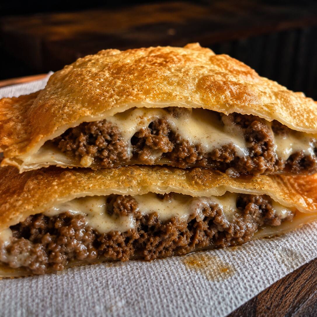 Carne moída bem temperada e suculenta, combinada com queijo derretido e cremoso. Um recheio generoso, saboroso e irresistível, envolvido em uma massa sequinha, crocante e douradinha. Uma combinação clássica que nunca decepciona! 🤤