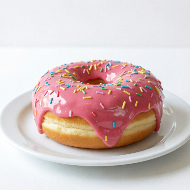 Donut macio e fofinho, coberto com um irresistível glacê de morango artesanal, feito com frutas in natura. Doce, vibrante e delicioso em cada mordida.