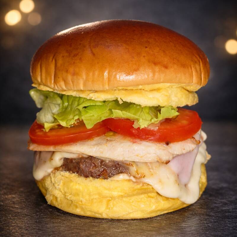 Pão Brioche, Maionese, Hamburguer artesanal 120g, queijo mussarela, presunto, filé de frango, tomate, alface.