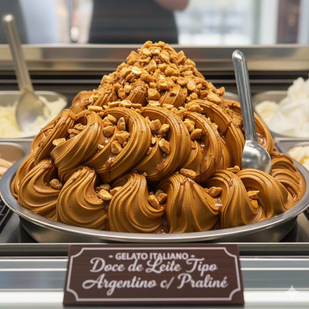 Gelato cremoso de doce de leite tipo  argentino com crocante praliné. Contém creme de leite fresco! (Imagem meramente ilustrativa)