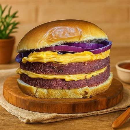 Dois hambúrgueres vegetais suculentos no pão brioche, com queijo cheddar derretido, cebola roxa crocante e nosso molho especial da casa. Simples, poderoso e totalmente vegetal!