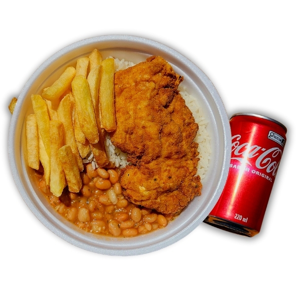 Frango empanado crocante, fritas douradas, arroz soltinho, feijão caseiro e Coca-Cola 220ml pra completar!