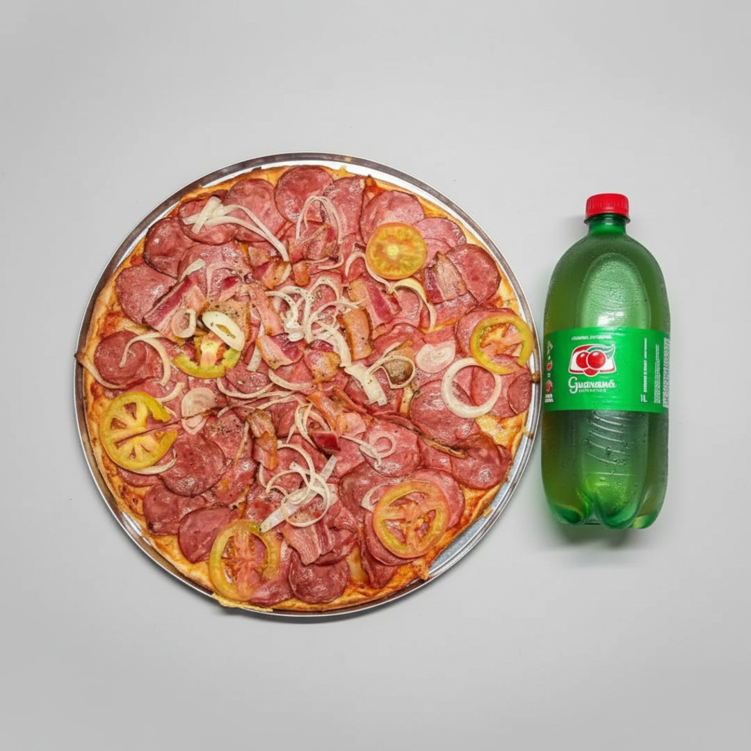 Delicioso Molho De Tomate, Mussarela, Calabresa Defumada , Azeitona, E Orégano + Guarana Antartica 1 Litro Gratis