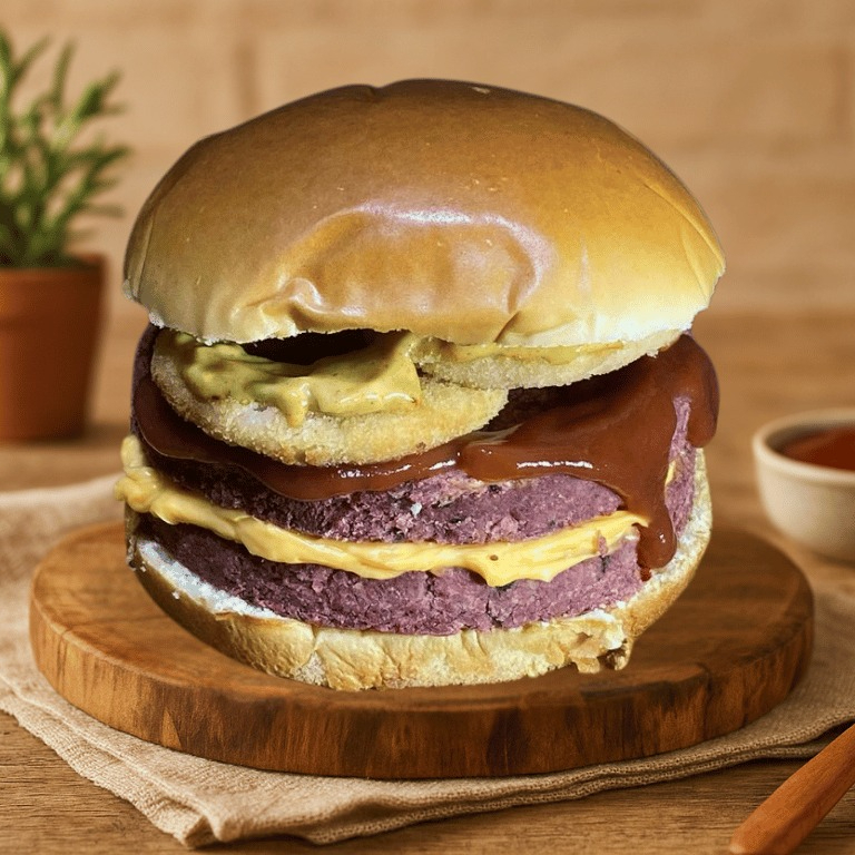 Pão brioche quentinho, dois hambúrgueres vegetais suculentos, queijo cheddar derretido, onion rings crocantes e nosso molho especial da casa. Um lanche intenso e irresistível