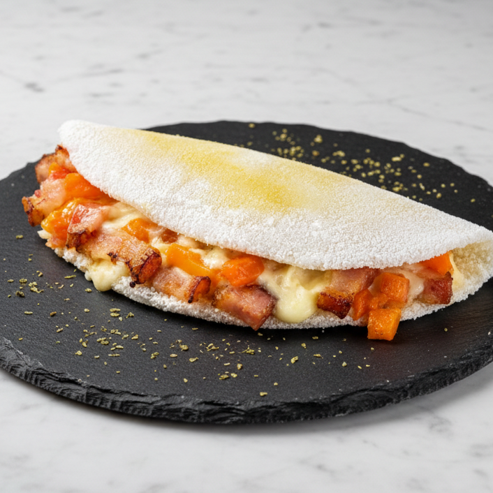 Para os apaixonados por bacon! Tapioca recheada com bacon crocante, muçarela e cheddar cremoso, oferecendo uma explosão de sabor em cada mordida.