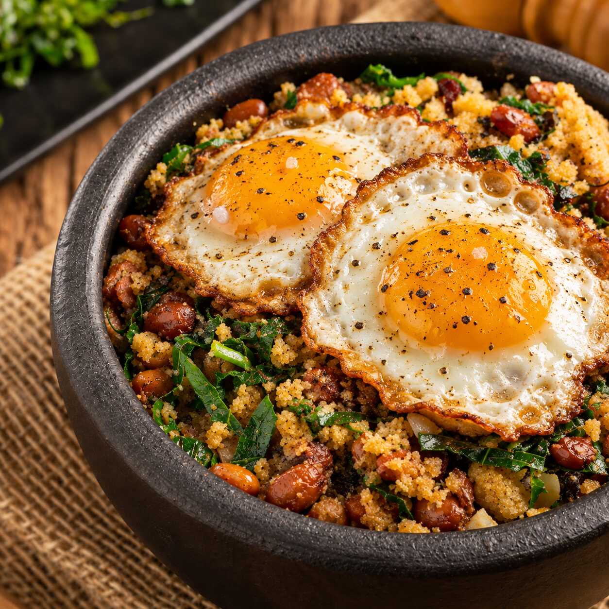 Delicioso baião de dois c/ arroz e 2 ovos fritos.
